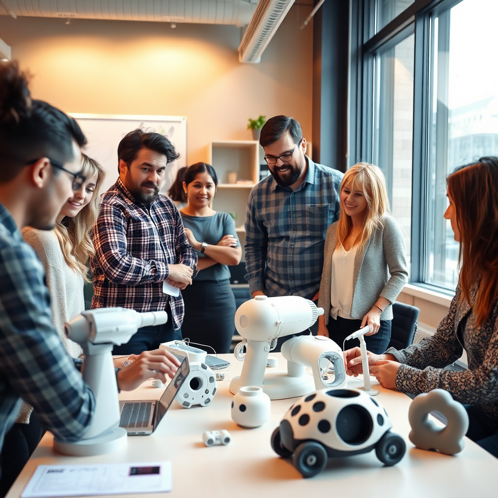 A collaborative workspace showcasing a diverse team engaged in brainstorming and reviewing product designs. 3D models of innovative products are displayed, communicating a synergy between creativity and technical skill.