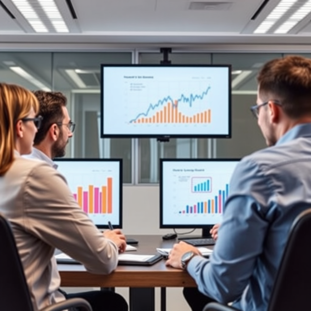 A corporate setting showcasing a team from an established company brainstorming improvements on their product line. Charts of market trends are shown on screens suggesting a data-driven approach to innovation.