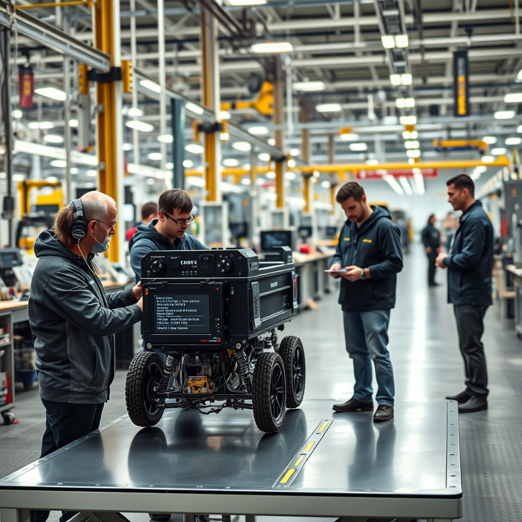 A dynamic scene of a prototype being tested by engineers and users, with a digital display showing real-time data feedback. The background features assembly lines and advanced technology, symbolizing a blend of creativity and engineering.
