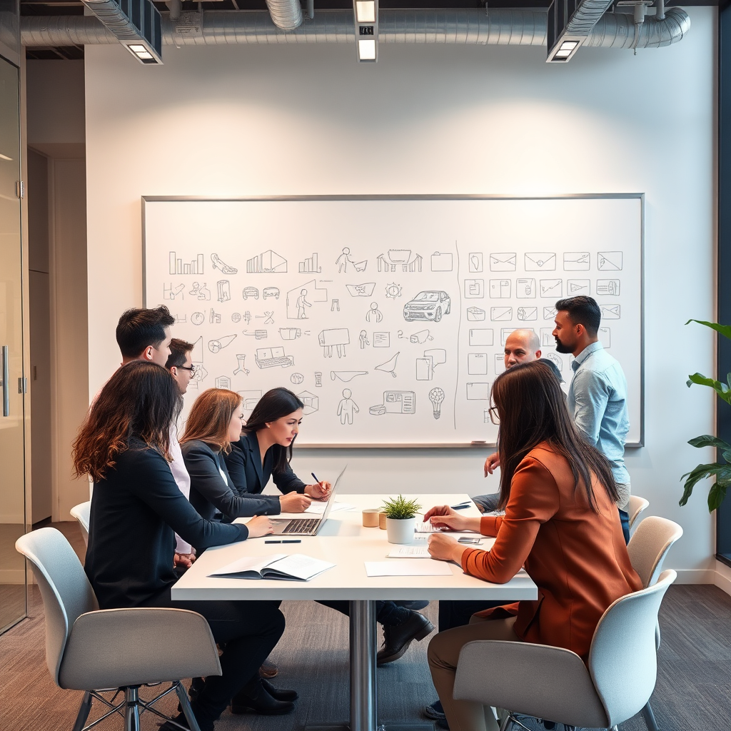 A modern, sleek office environment with a team of diverse professionals brainstorming around a table. A large whiteboard filled with sketches and designs can be seen in the background, symbolizing creativity and collaboration in product development.