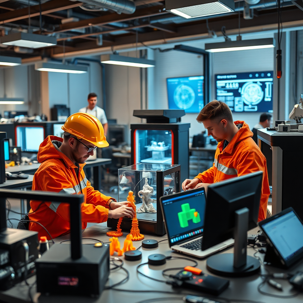 A vivid image of engineers working with cutting-edge technology, like 3D printers and CAD software, in a futuristic lab setting. The ambiance reflects an innovative spirit, with devices and tools creating tangible outcomes.