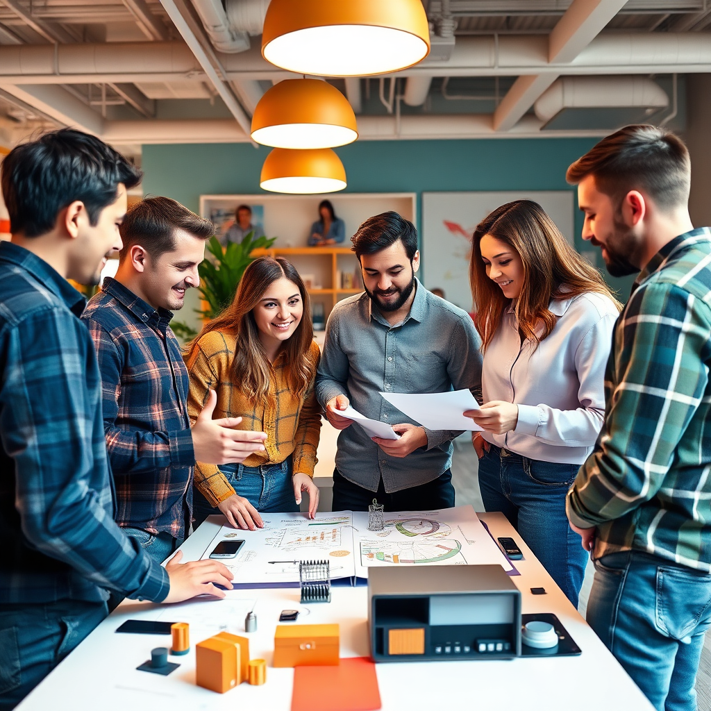 An entrepreneurial environment, showing a group of young innovators discussing their startup ideas over diagrams and models. Bright colors and modern decor create an atmosphere of motivation and forward-thinking.
